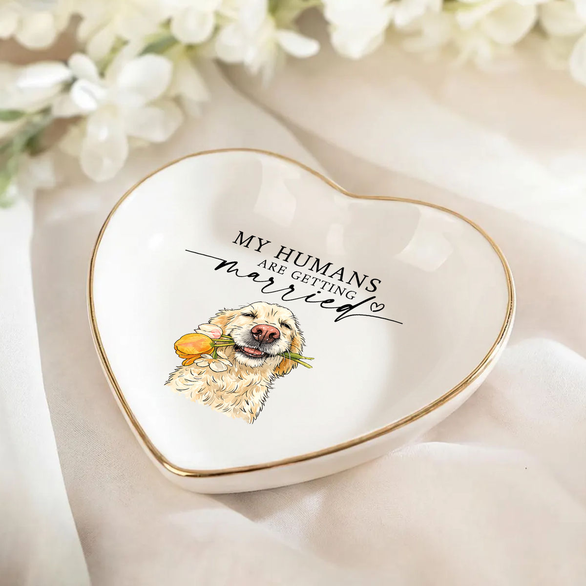 Custom "My Humans Are Getting Married" Ceramic Jewelry Tray - Pet Portrait Watercolor - Engagement, Wedding Gift for Fiancee, Bride, Newlyweds, Couple, Dog Lover - Personalized Photo Ceramic Ring Dish_2