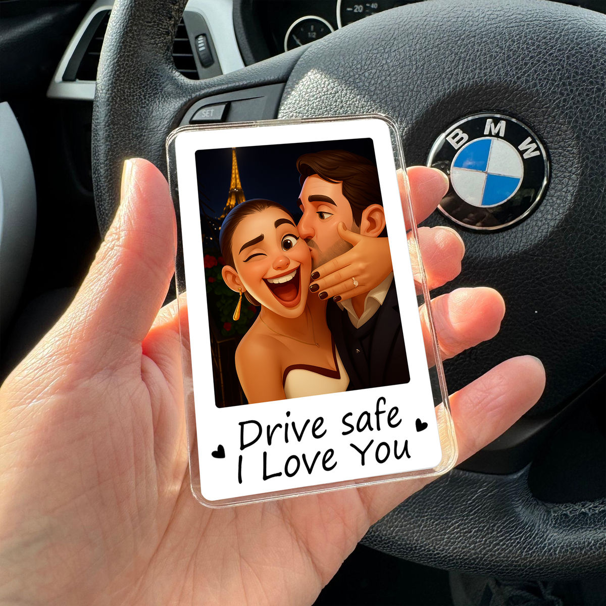 Photo Car Visor Clip - Drive safe I Love You - Custom Pixar-Style Cartoon Portrait - Personalized Artwork of Couples, Family & Pets, Gift items for dad, Gift for him - Personalized Photo Visor Car Clip Photo_1