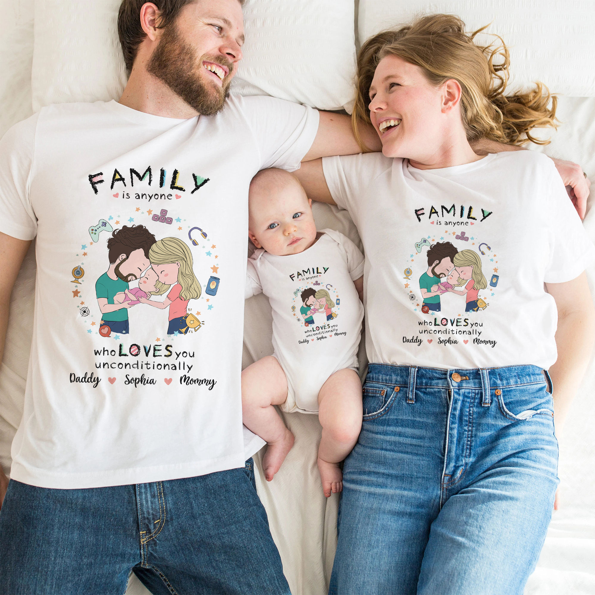 Personalized Set - Family Matching Outfit - Family is anyone who loves you  unconditionally - Gifts For New Parent,