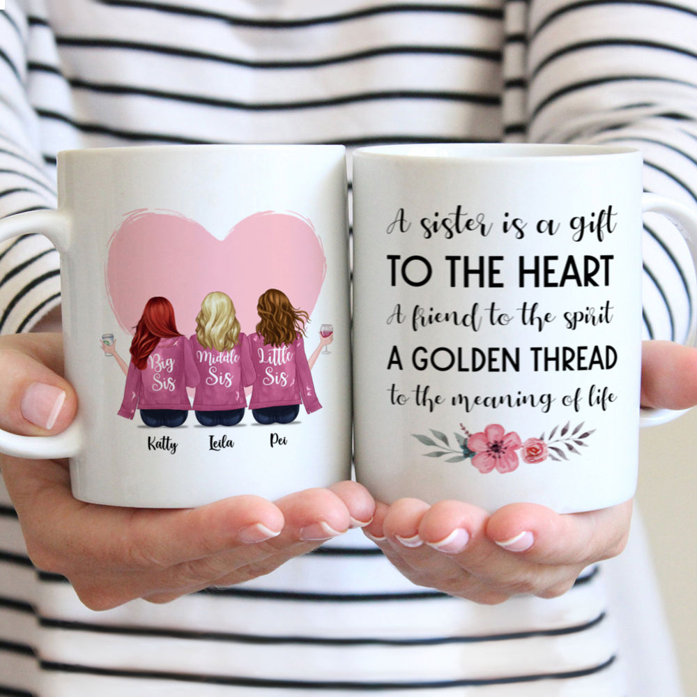 Personalized Mug - Up to 6 Women - A sister is a gift to the heart a friend to the spirit a golden thread to the meaning of life (Heart)_1