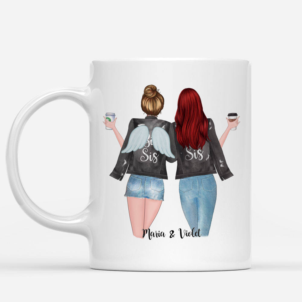 Personalized Mug - 2 Sisters With Angel Wings - Sisters forever, never apart. Maybe in distance but never at heart._1
