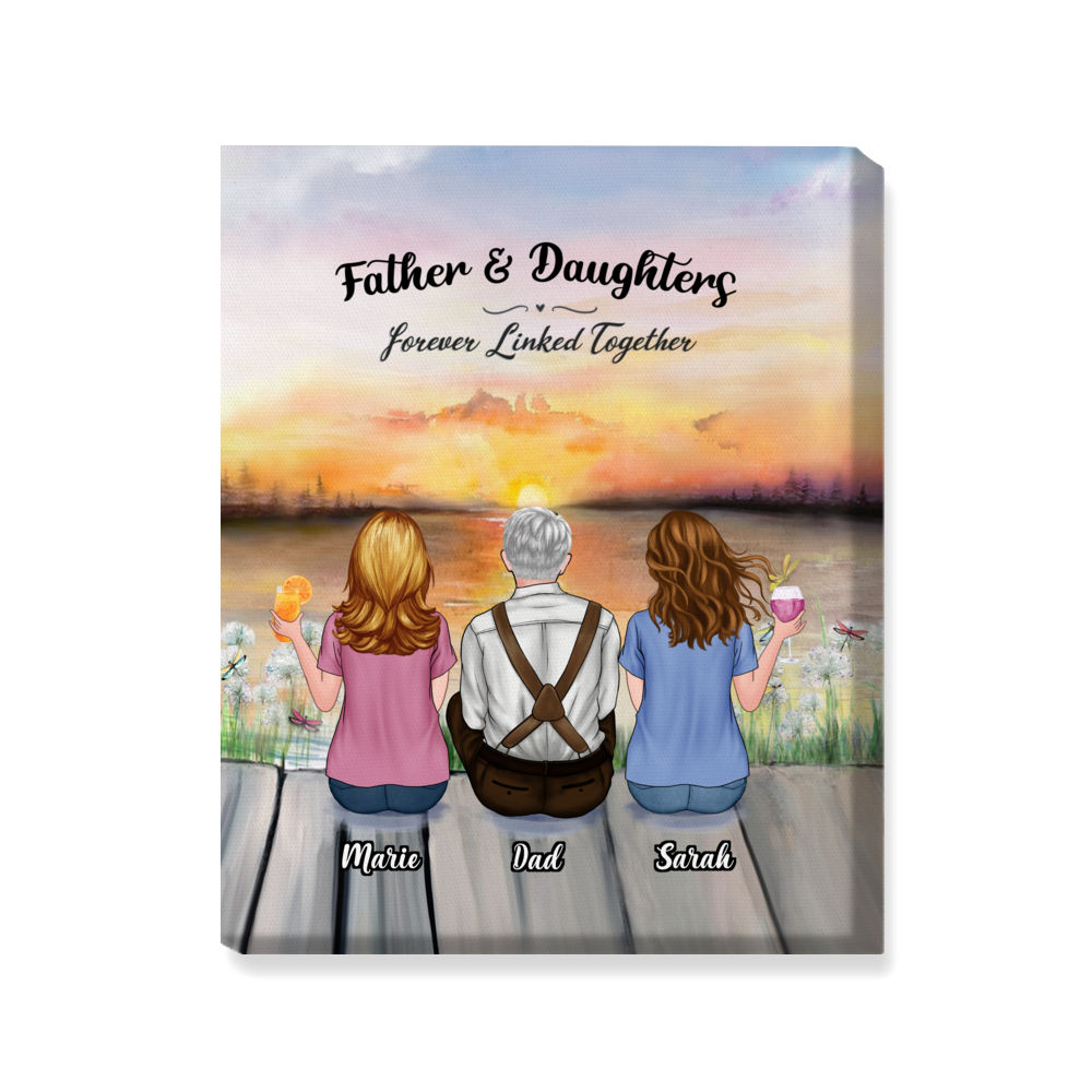 Father's Day Canvas - Sunset - Father And Daughters Forever Linked Together - Personalized Wrapped Canvas