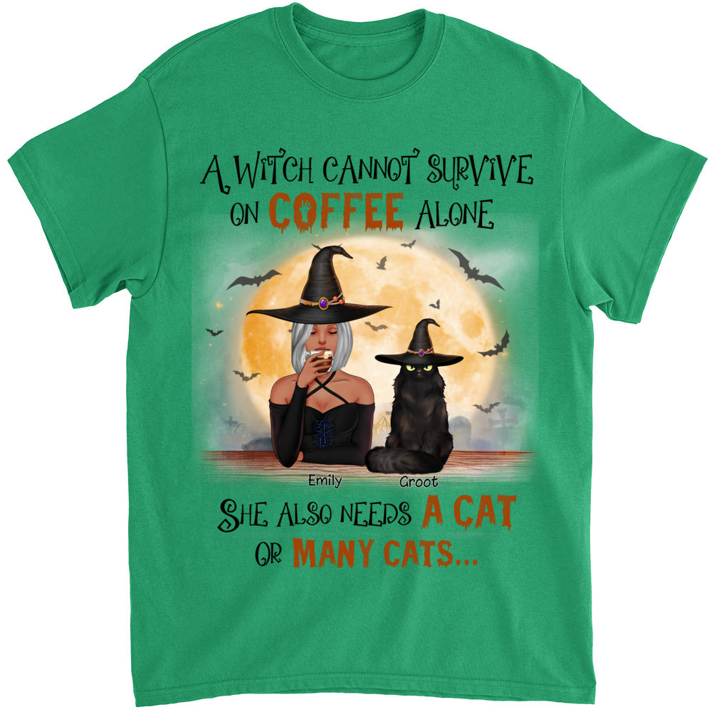 Personalized Shirt - Witch and Cats - A girl can't survive without coffee or her many cats_3