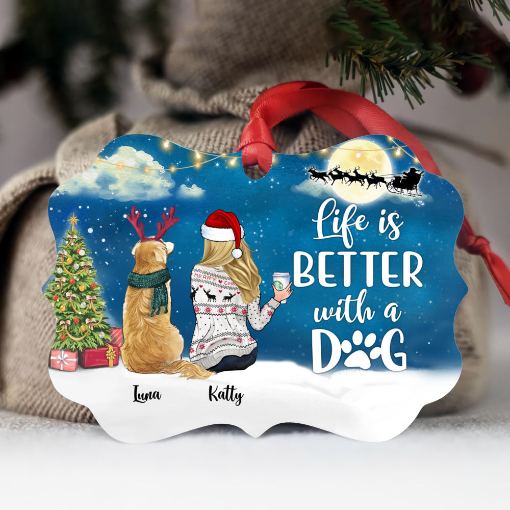 Personalized Ornament - Girl and Dogs - Life is better with a dog (5935)