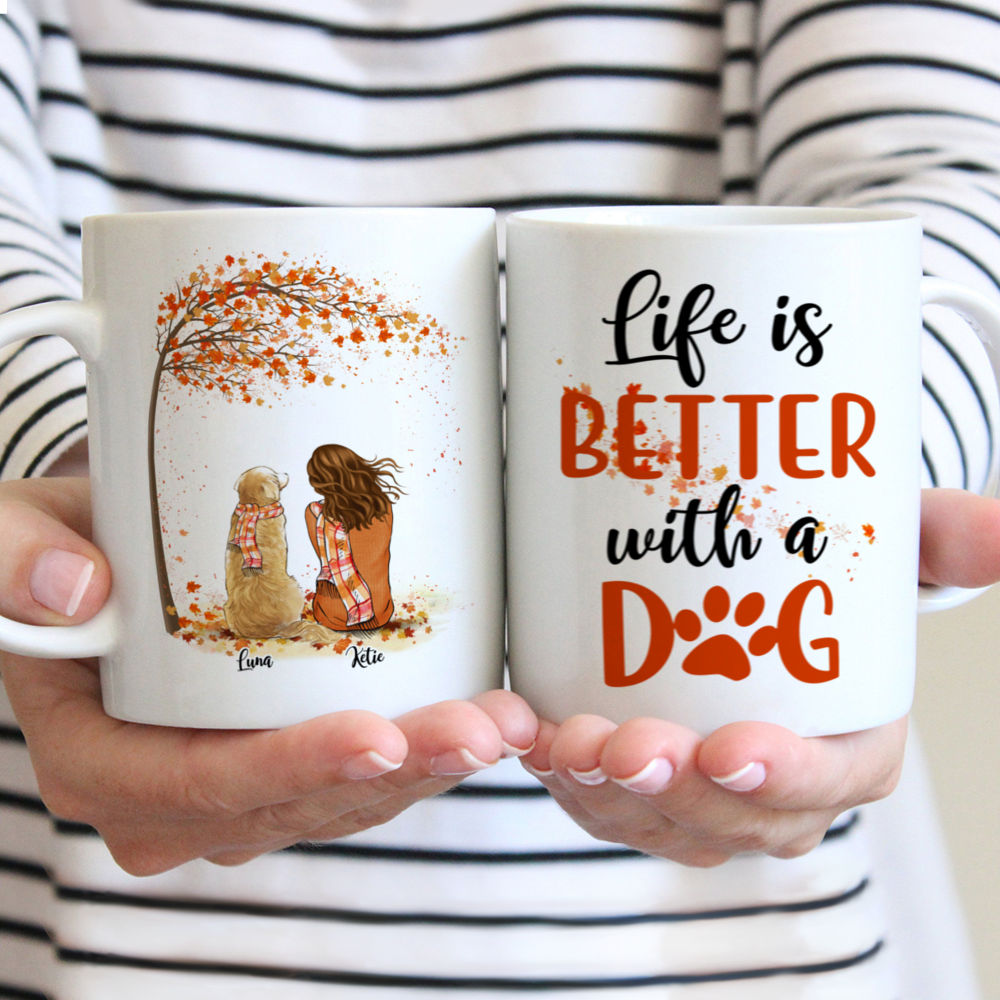 Personalized Mug - Girl and Dogs Autumn - Life Is Better With A Dog