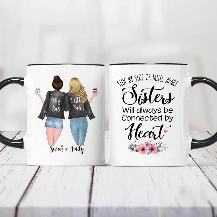 Personalized 2 Sisters Coffee Mugs - Sisters Will Always Be Connected By Heart