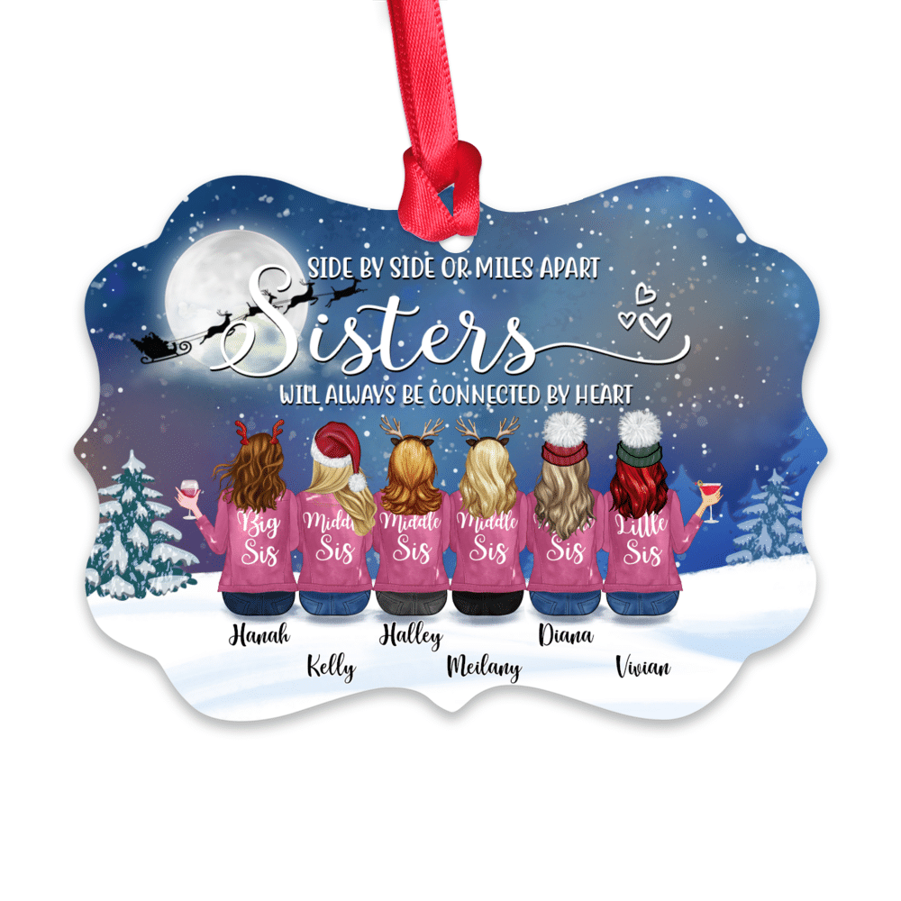 Personalized Ornament - Up to 9 Women - Ornament - Side by side or miles apart, friends will always conected by heart (Snow)_1