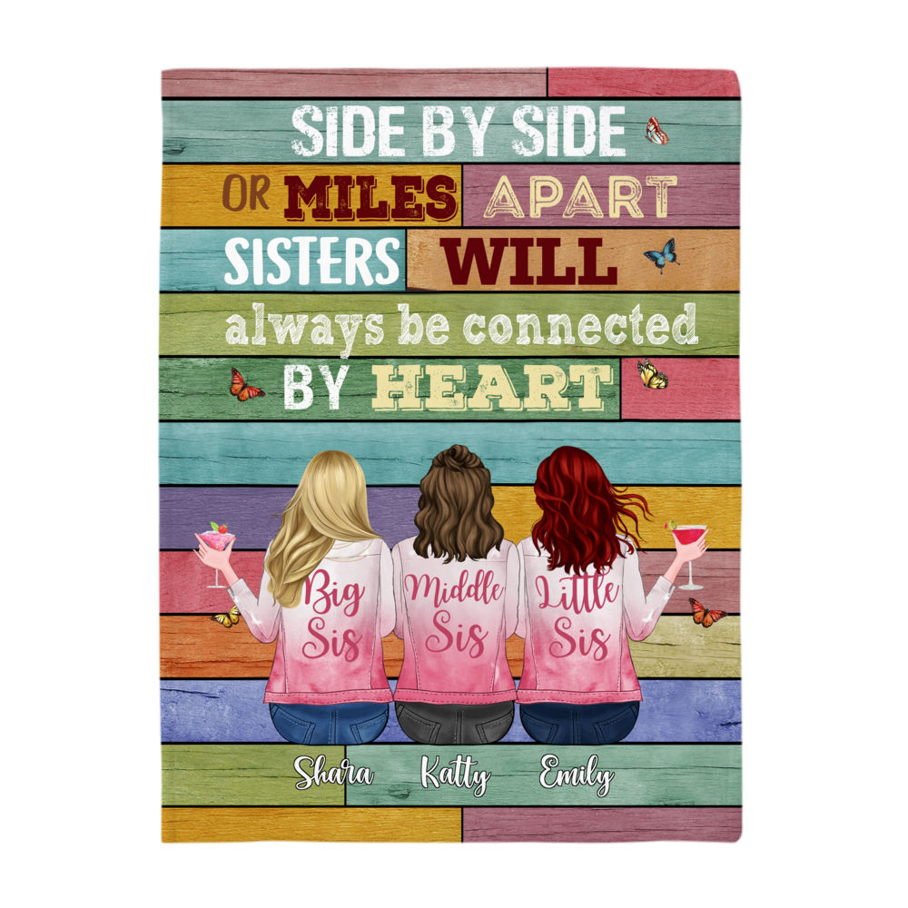 Personalized Blanket - Up to 6 Sisters - Side by side or miles apart, Sisters will always be connected by heart (6836)_3