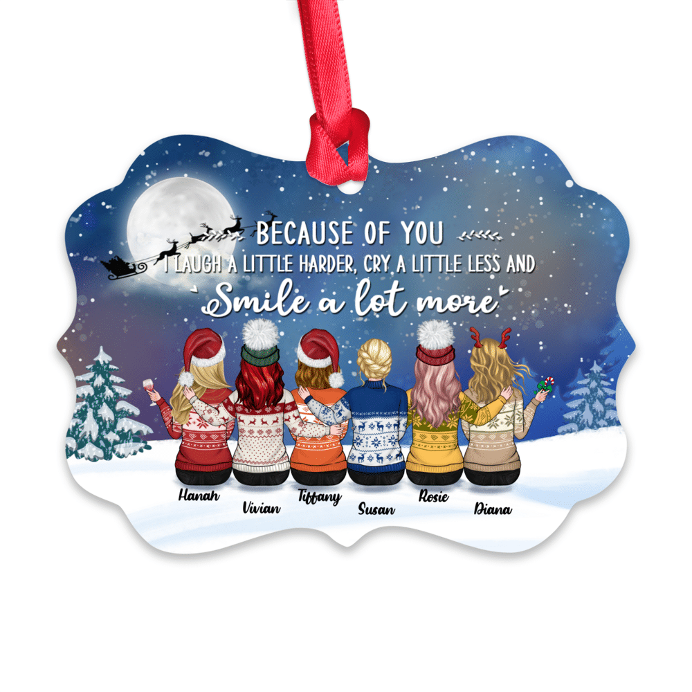 Personalized Ornament - Up to 9 Women - Ornament - Because of you I laugh a little harder cry a little less and smile a lot more (T7308)_1