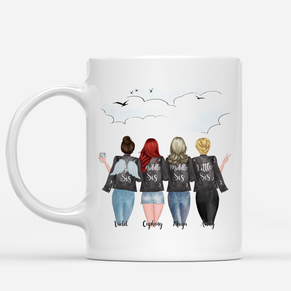 Personalized Mug - 4 Sisters With Angel Wings - Side by side or miles apart, Sisters will always be connected by heart_1