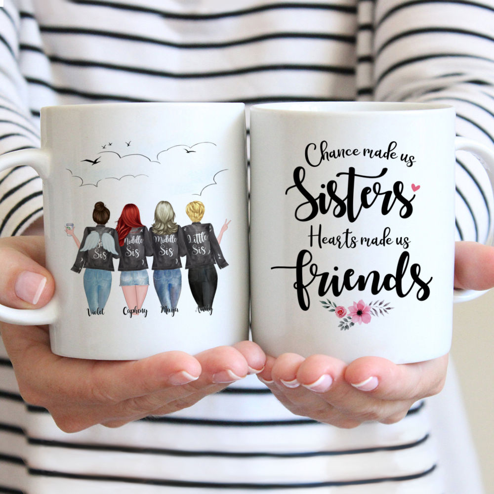 Personalized Mug - 4 Sisters With Angel Wings - Chance made us sisters. Hearts made us friends