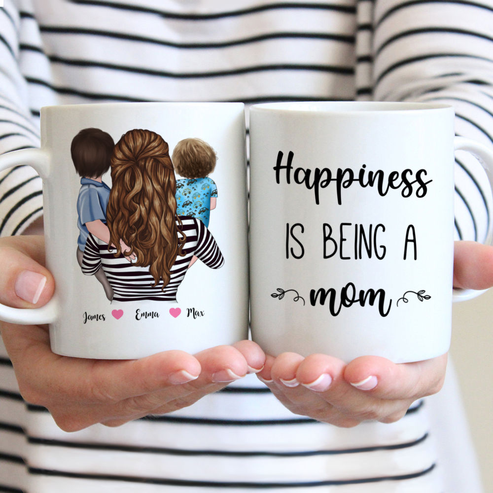 Family Personalized Mugs - Mother & 2 Sons - Happiness is Being A Mom