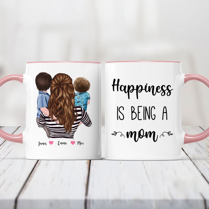 Family Personalized Mugs - Mother & 2 Sons - Happiness is Being A Mom