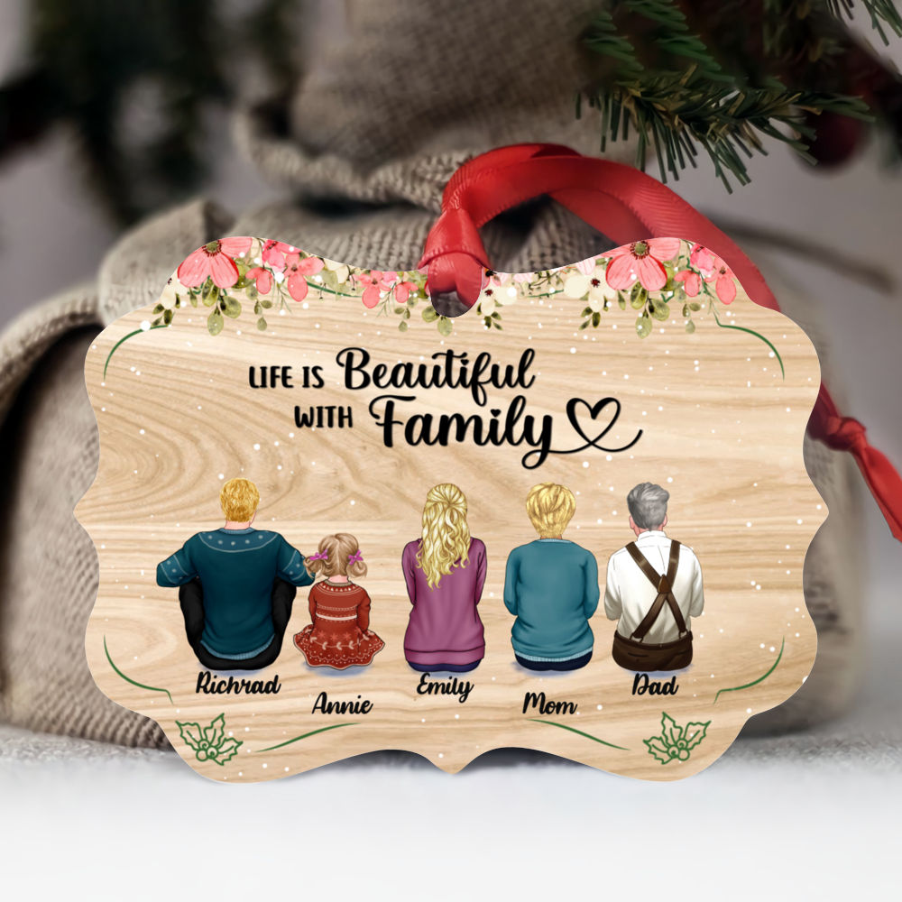 Personalized Ornament - Merry Christmas Family - Up to 9 People - Life Is Beautiful With Family (LG)