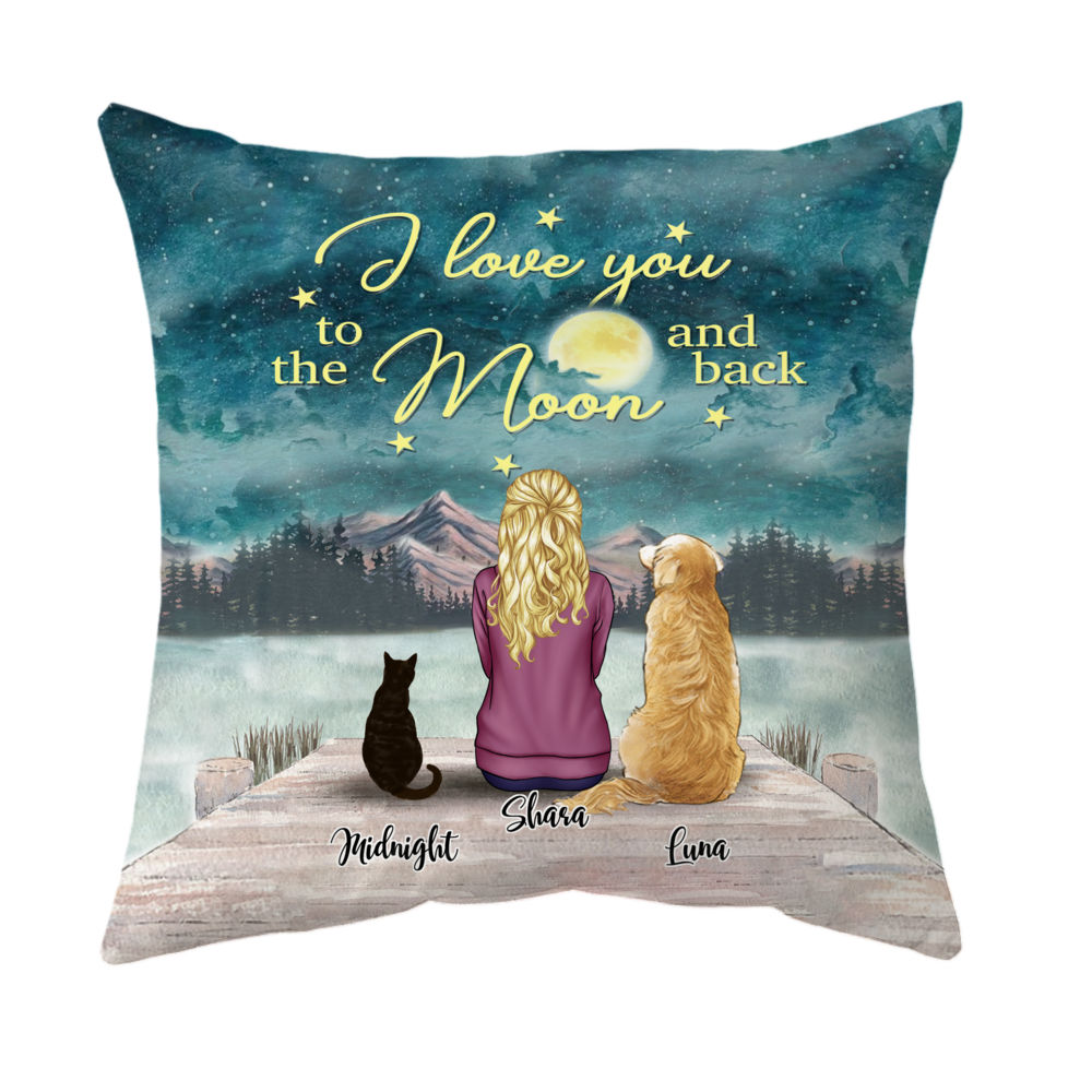 Girl, Dog and Cat - Personalized Pillow - I Love You To The Moon And Back - Personalized Pillow