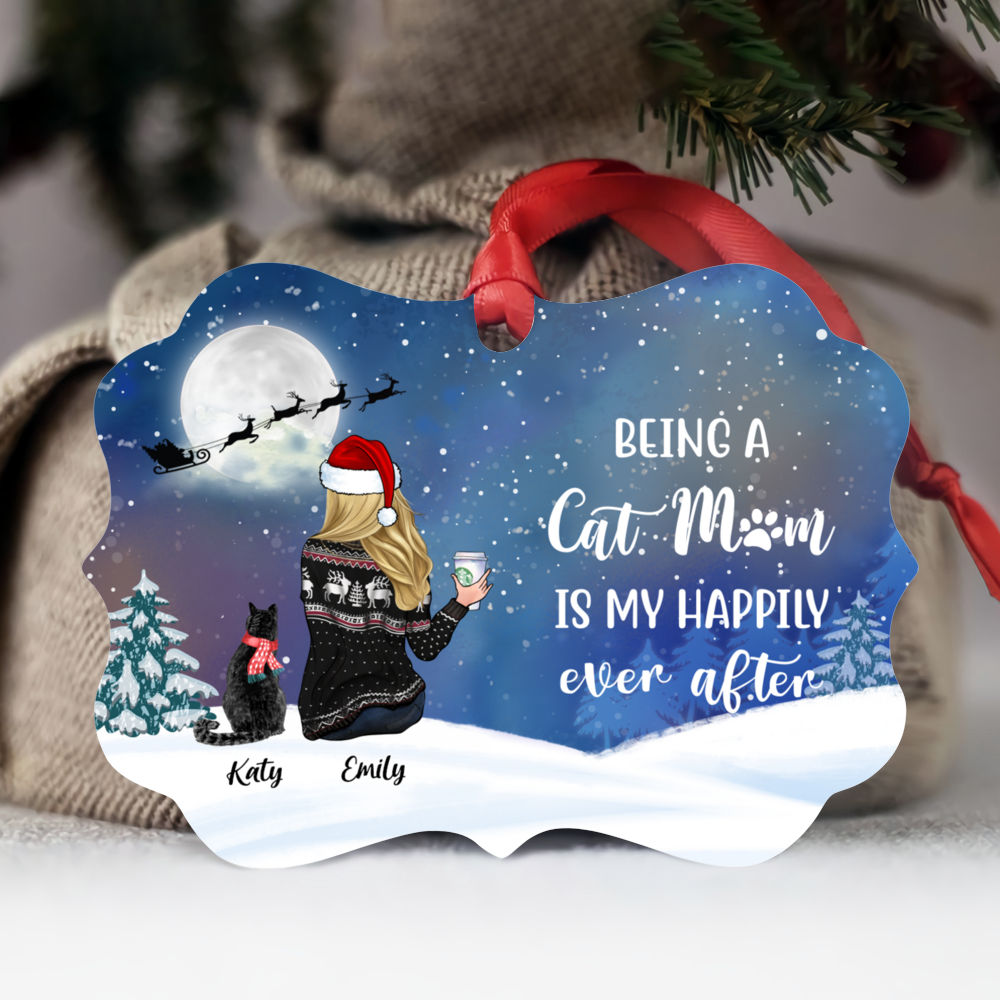 Personalized Ornament - Girl and Cats Christmas - Being A Cat Mom Is My Happily Ever After