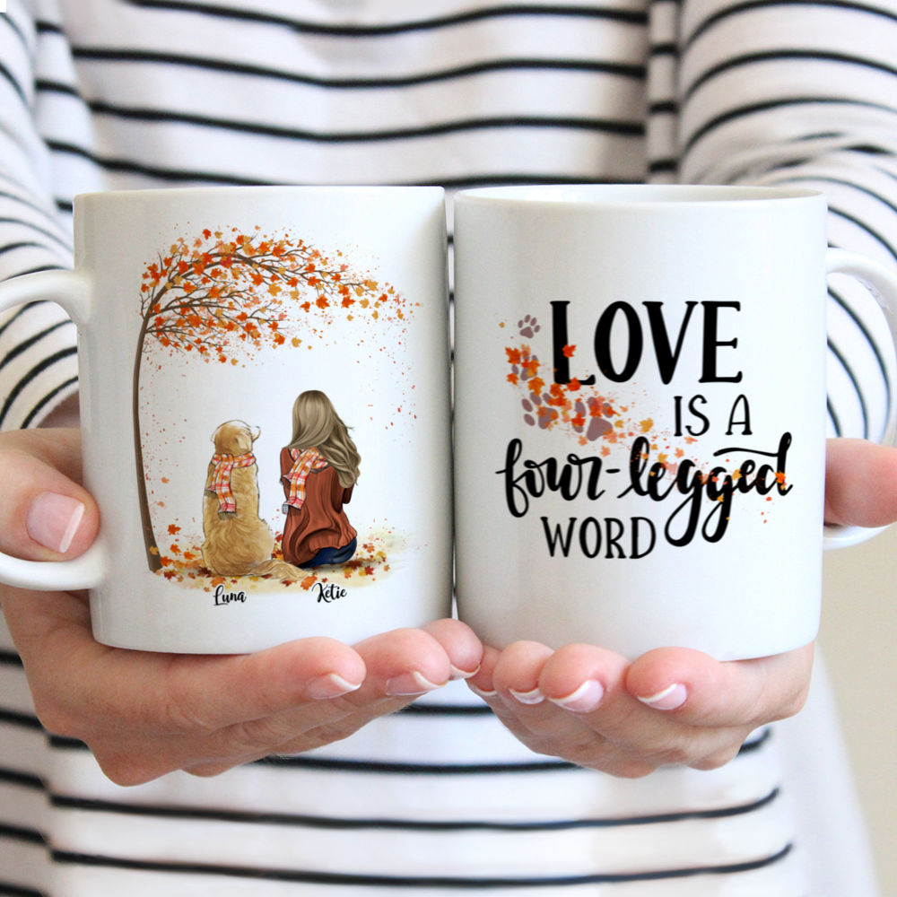 Personalized Mug - The Best Gift - Girl and Dogs Autumn - Love Is A Four Letter Word - LT5/S