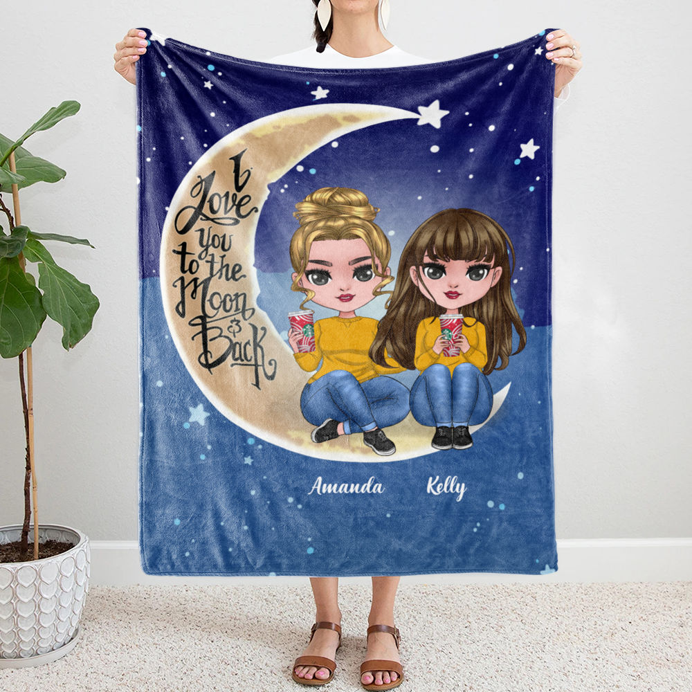 Personalized Blanket - Chibi Doll Blanket - I Love You To The Moon And Back - Up to 3 Ladies_1