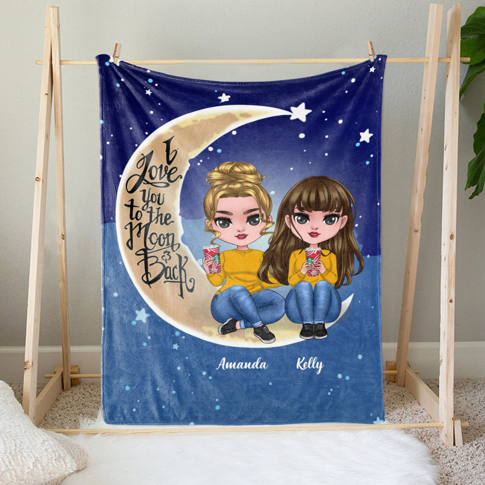 Personalized Blanket - Chibi Doll Blanket - I Love You To The Moon And Back - Up to 3 Ladies_2