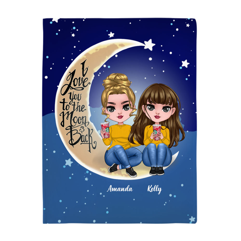 Personalized Blanket - Chibi Doll Blanket - I Love You To The Moon And Back - Up to 3 Ladies_3