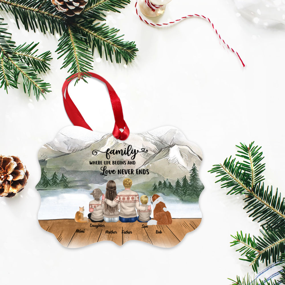 Personalized Ornament - Young family with pets - FAMILY Where life begins and love never ends_2