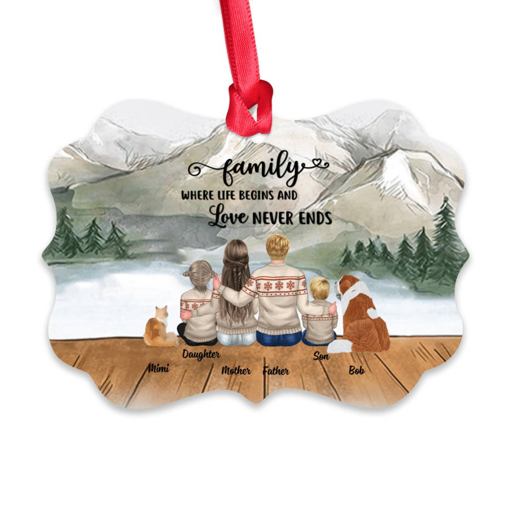 Personalized Ornament - Young family with pets - FAMILY Where life begins and love never ends_1