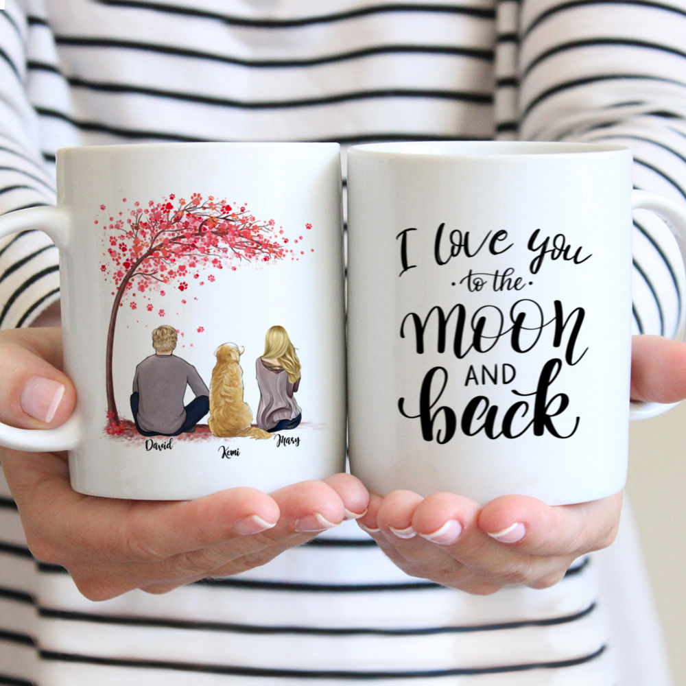 Couple and Dog - I Love You To The Moon And Back - Valentine's Gifts, Couple Gifts, Gifts For Her, Him - Personalized Mug