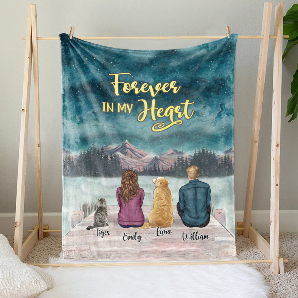 Couple and FurReal Blanket - Man, Women, Dog and Cat - Forever In My Heart - Couple Gifts, Valentine's Day Gifts - Personalized Blanket_1