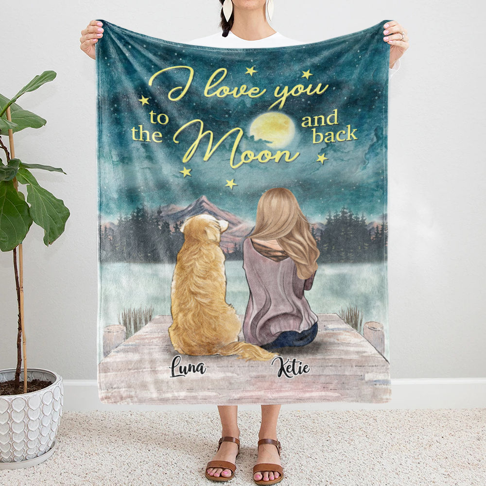 Personalized Fleece Blanket - Girl and Dogs - I love you to the moon and back