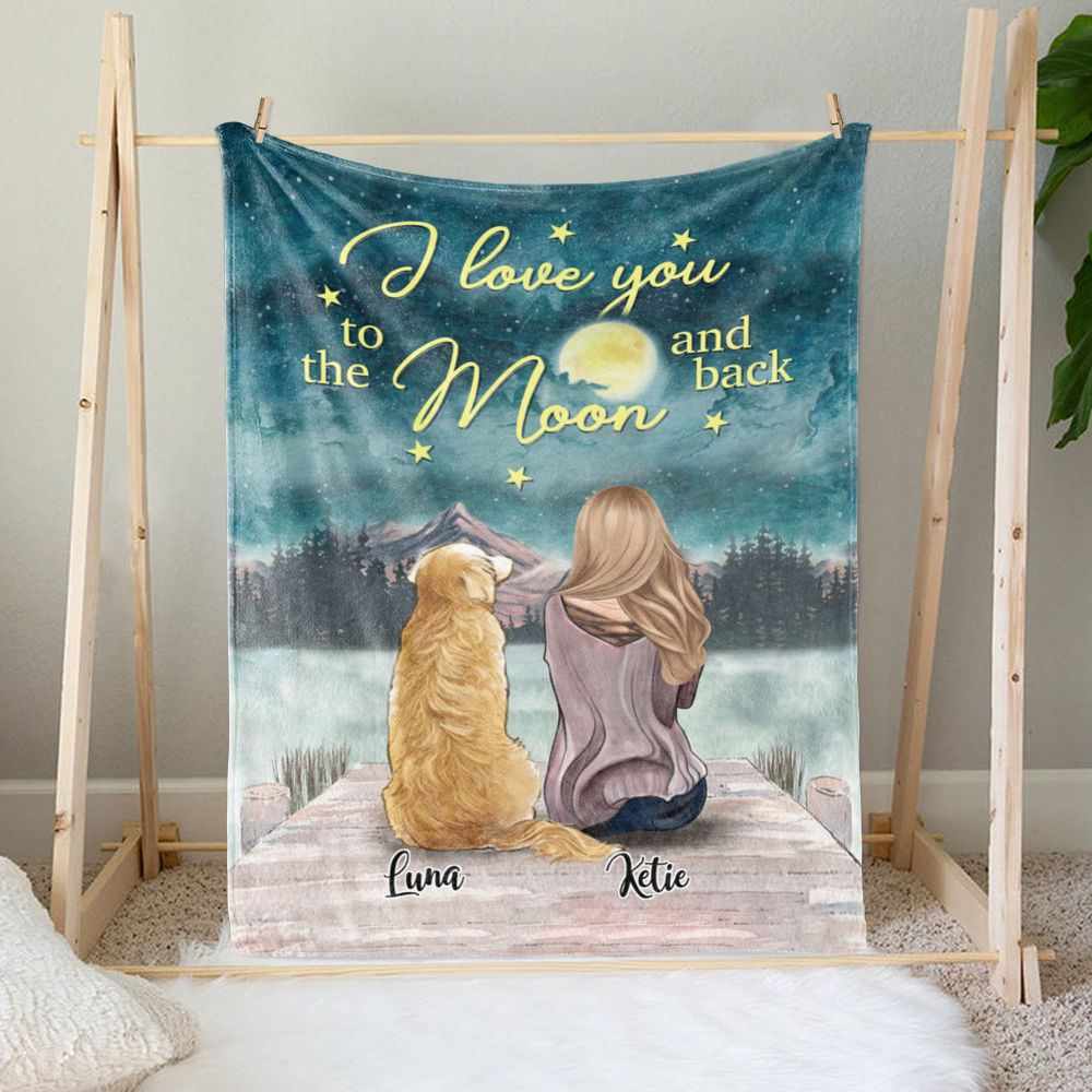 Personalized Fleece Blanket - Girl and Dogs - I love you to the moon and back_1