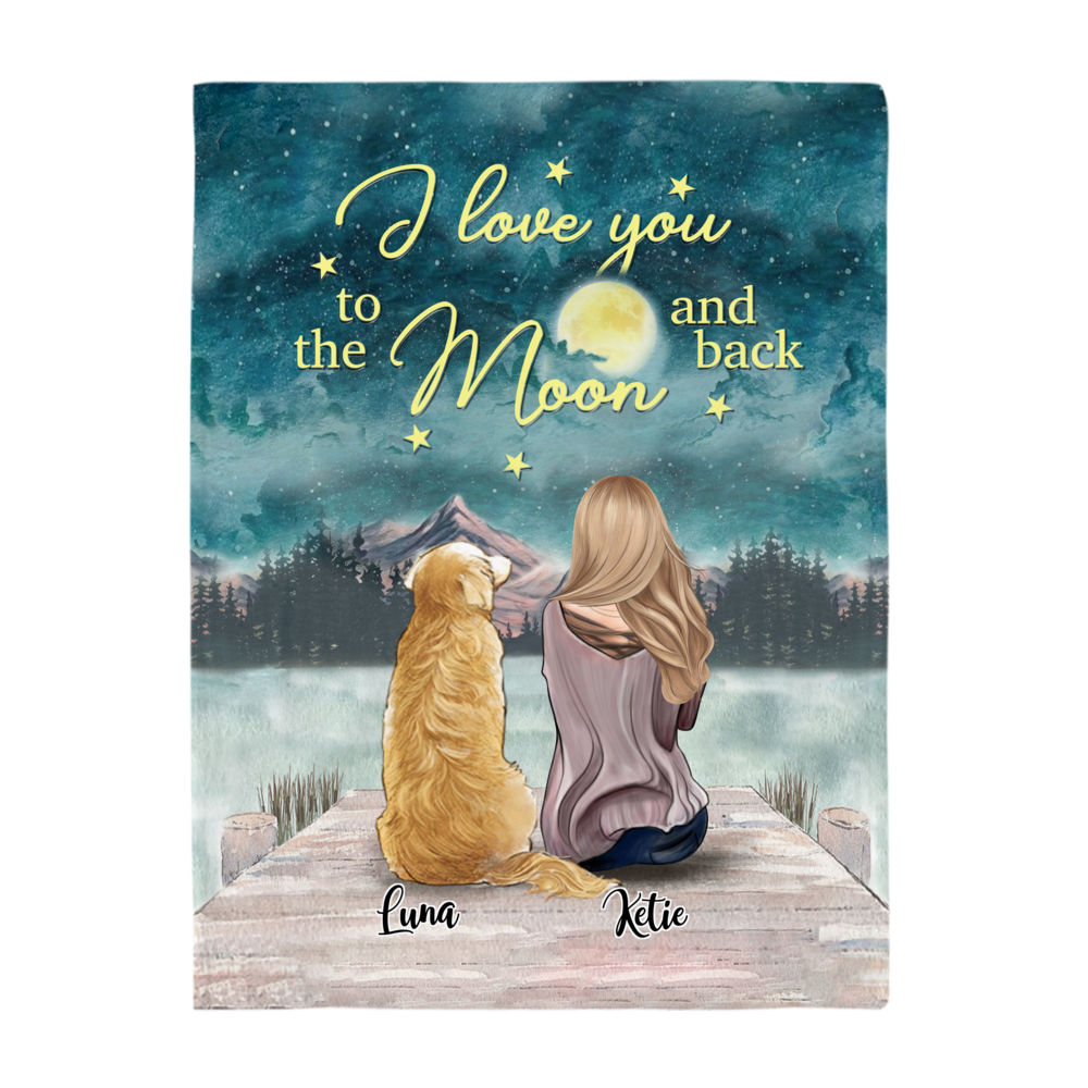 Personalized Fleece Blanket - Girl and Dogs - I love you to the moon and back_2