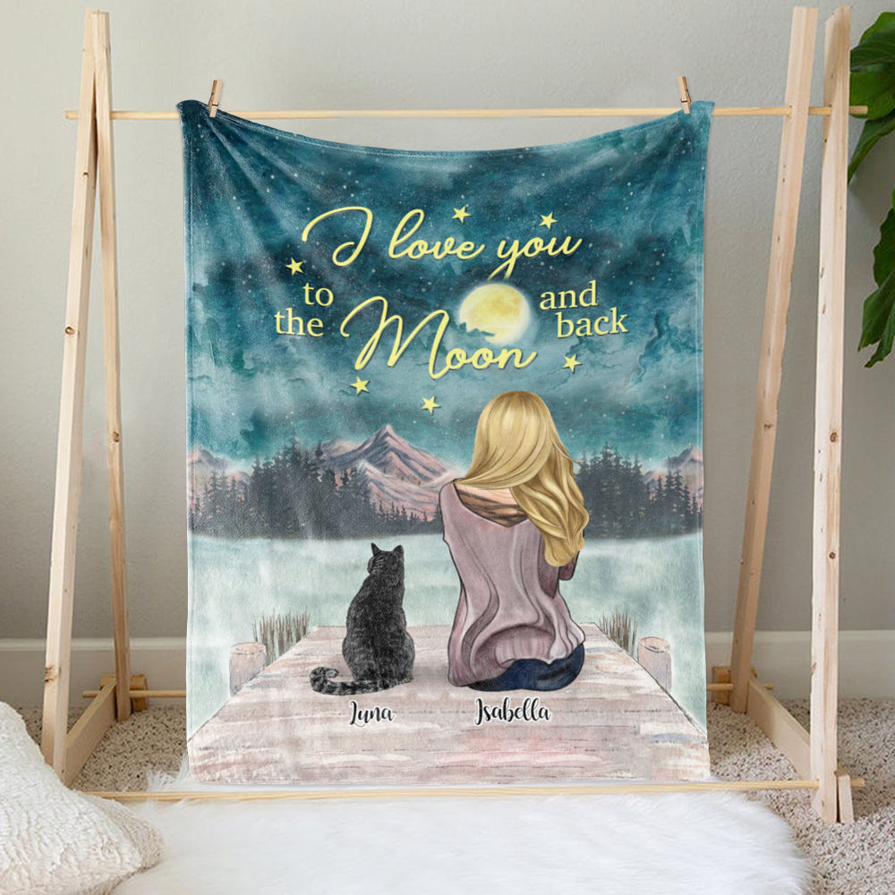 Custom Blankets - Girl and Cats - I Love You to The Moon and Back_1