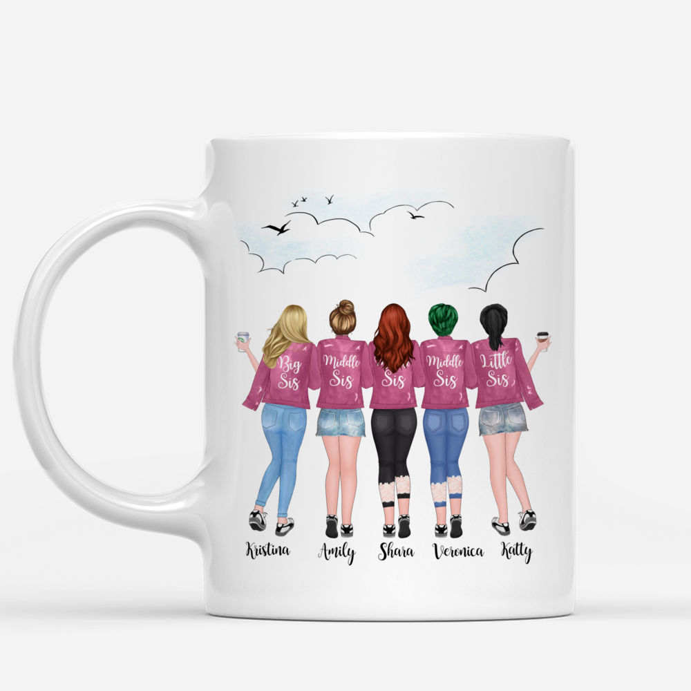 Personalized Mug - 5 Sisters - Sisters forever, never apart. Maybe in distance but never at heart. - Pink White_1