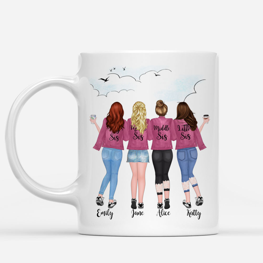 Custom Coffee Mugs for 4 Sisters - Pink Black - Sisters Forever, Never Apart Custom Coffee Mugs for 4 Sisters - Pink Black - Sisters Forever, Never Apart