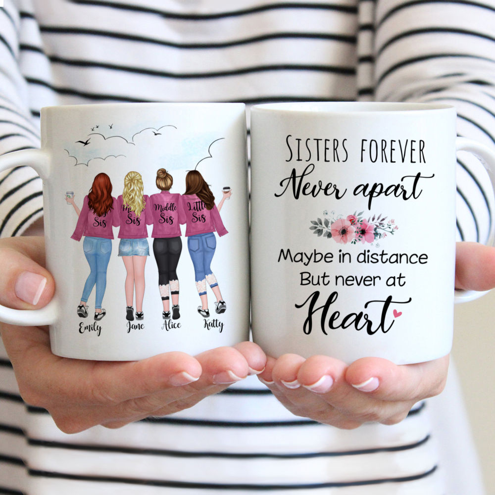 Custom Coffee Mugs for 4 Sisters - Pink Black - Sisters Forever, Never Apart
