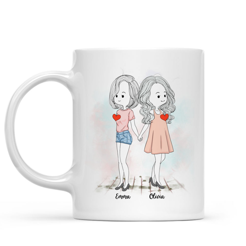 Personalized Mug - 2 Sisters - Side by side or miles apart sisters will always be connected by heart_1