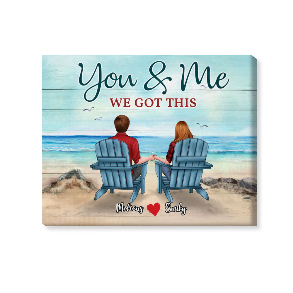 Gift For Couples - Back View Couple Sitting Beach Landscape You & Me We Got This - Anniversary Gifts, Husband Wife, Valentine Gifts - Personalized Wrapped Canvas_1