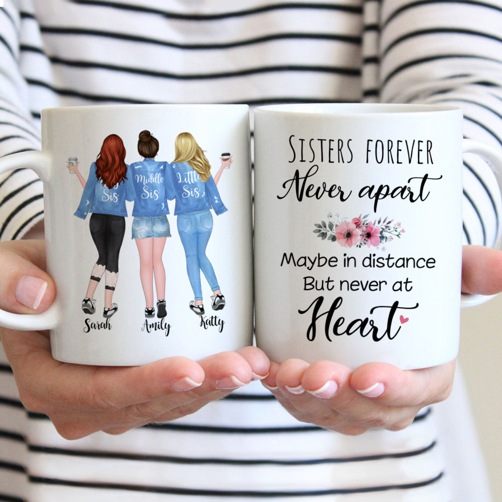 Personalized Mug - Up to 5 Girls - Sisters forever, never apart. Maybe in distance but never at heart - Blue