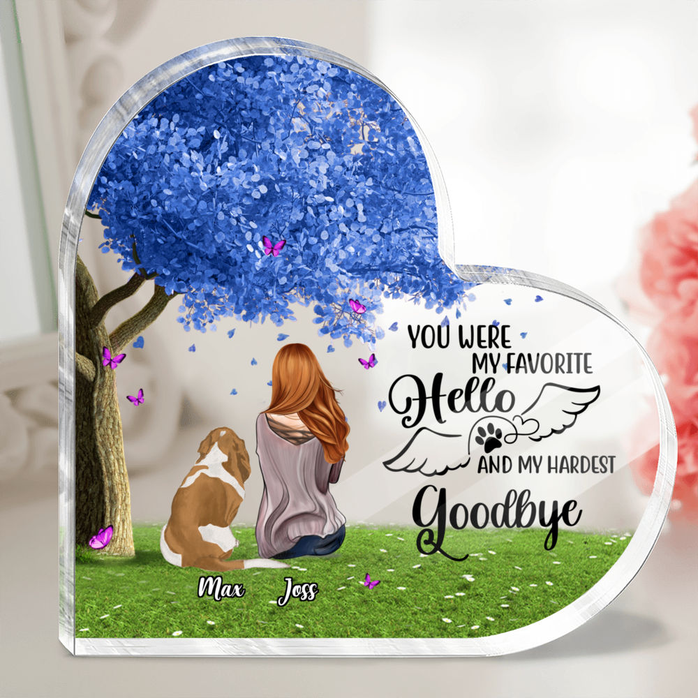 Transparent Plaque - Dog Lover Gifts - Woman and Dog - You were my favorite hello and my hardest goodbye (Custom Heart-Shaped Acrylic Plaque) - Personalized Desktop_5