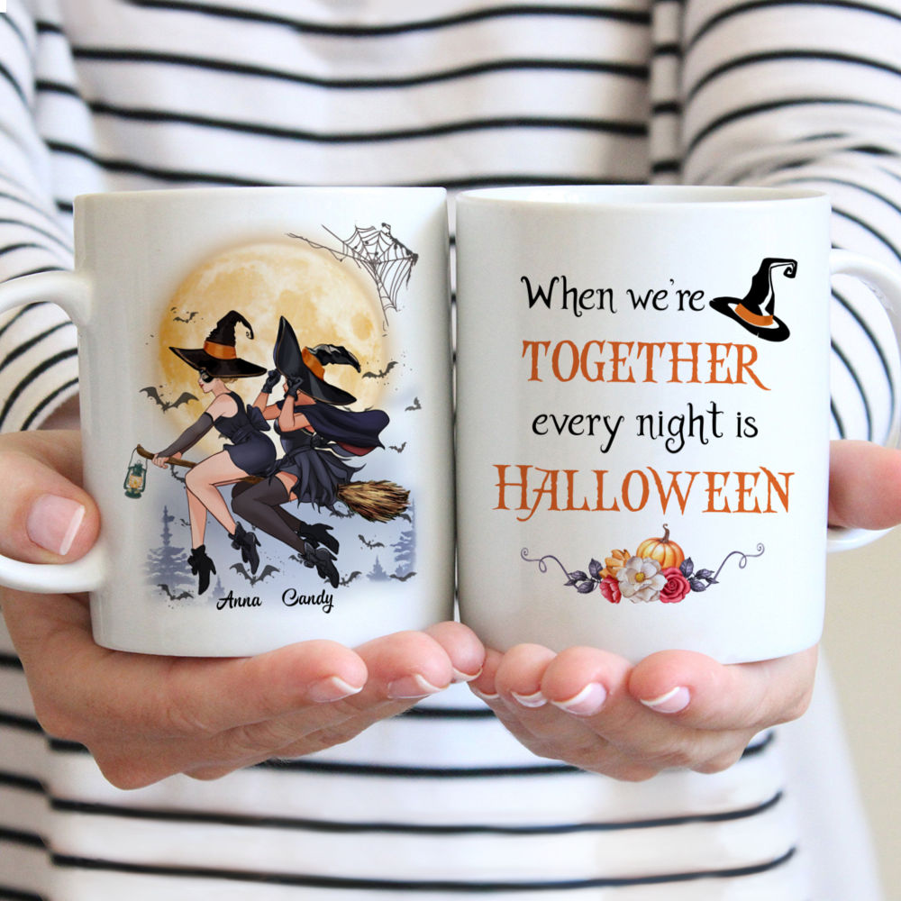 Personalized Halloween Mug - Two Witches Are Flying on a Broom