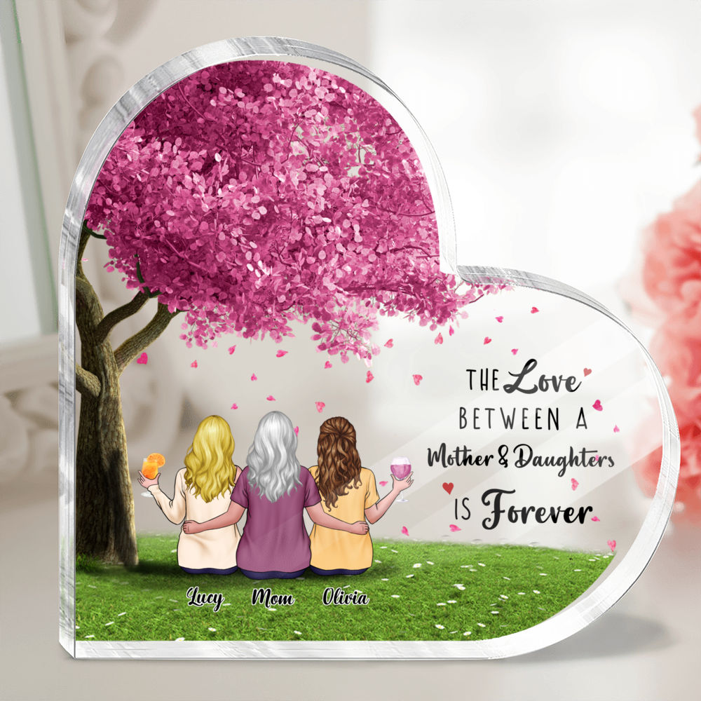 Personalized Desktop - Transparent Plaque - Mother and Daughters - Side by side or miles apart Mother and Daughters will always be connected by heart (Custom Heart-Shaped Acrylic Plaque)