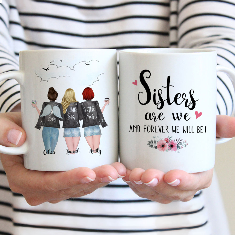 Personalized Mugs for 3 Sisters With Angel Wings - Sisters Are We. And Forever We'll Be