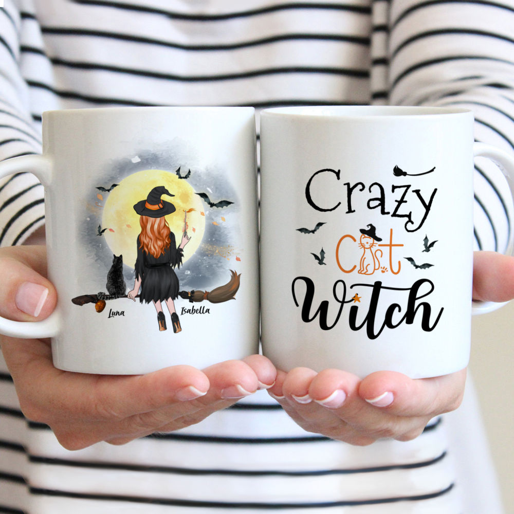 Handmade ceramic mug with witch cat design and a super cute magic