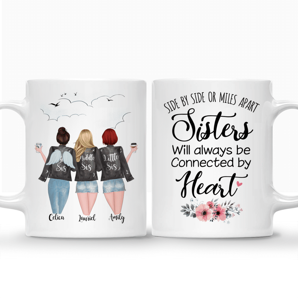 Personalized Mug - 3 Sisters With Angel Wings - Side by side or miles apart, Sisters will always be connected by heart_3