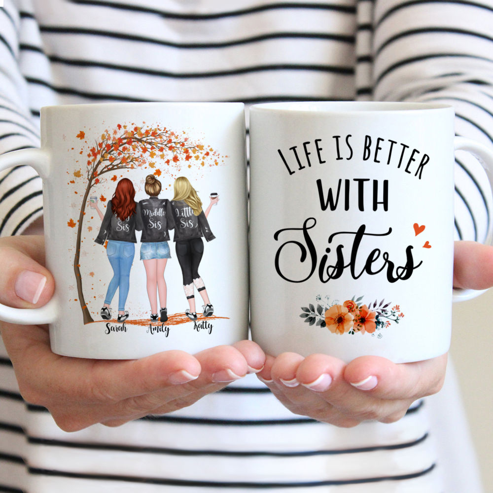 Personalized Mug - Up to 5 Girls - Life is better with Sisters - Autumn Tree