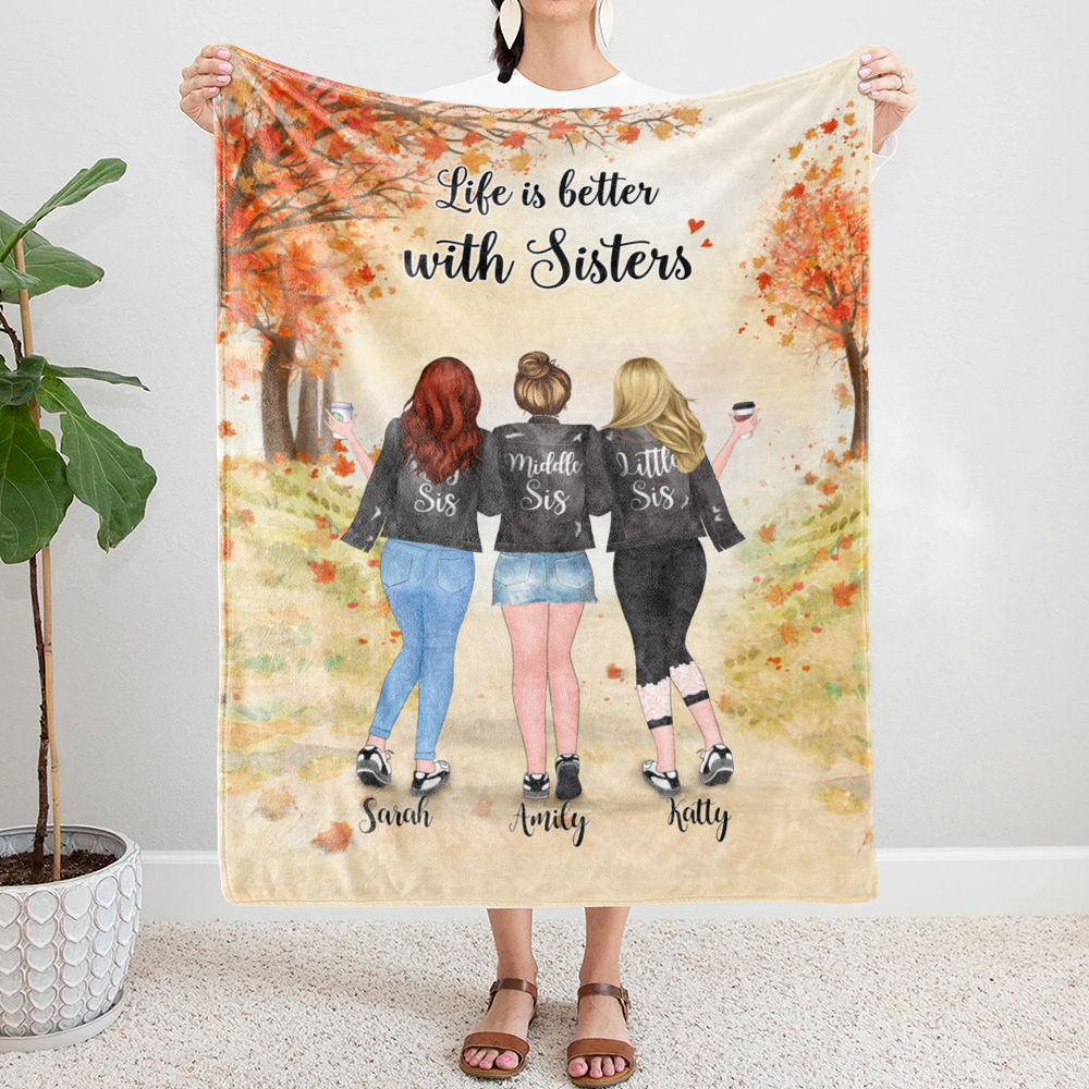 Personalized Fleece Blanket Life Is Better With Sisters (Autumn Tree)