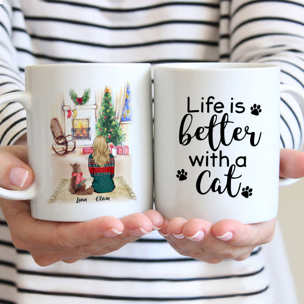 Girl and Cats Christmas - Life is better with Cats - Personalized Mug