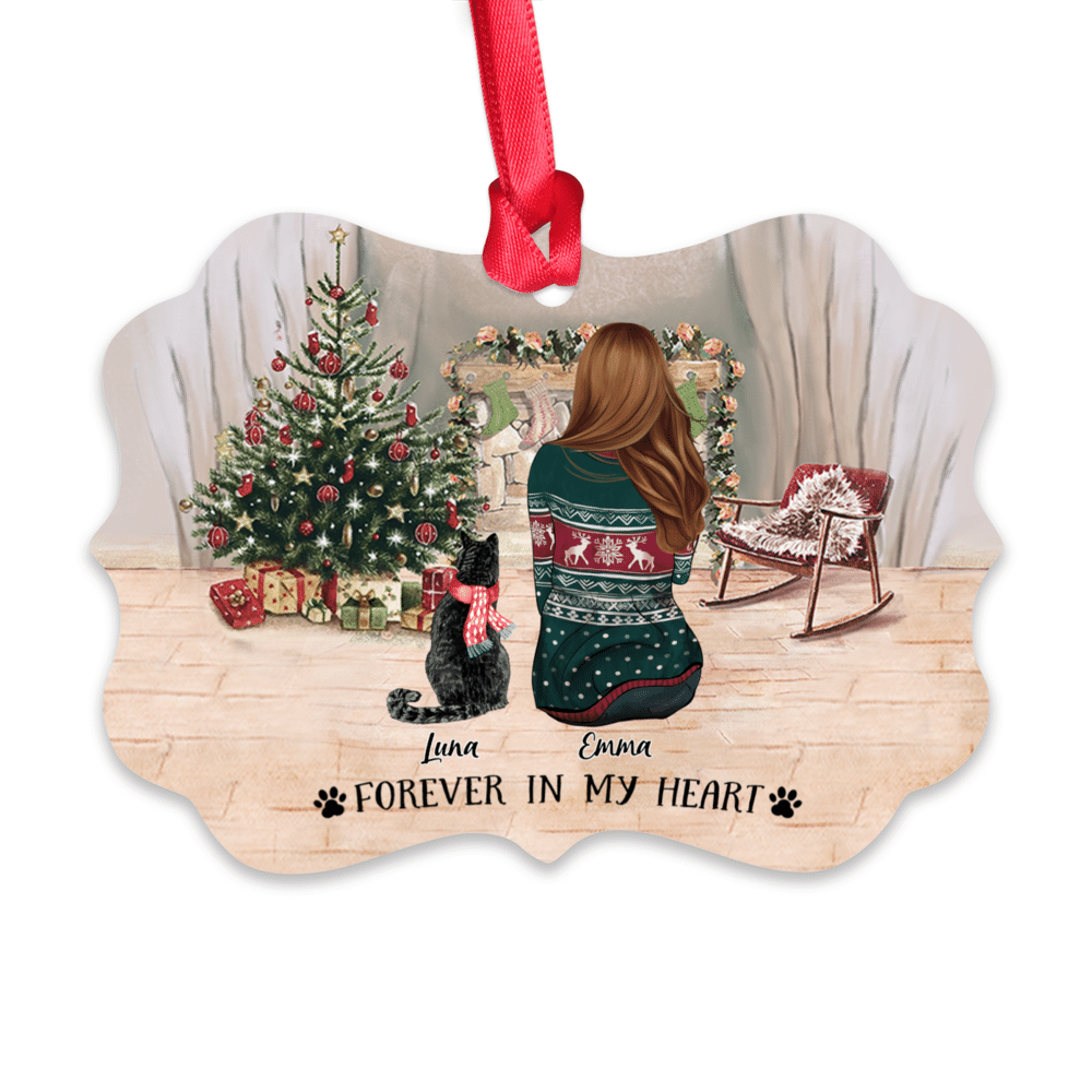 Personalized Christmas Ornament - Forever In My Heart (Girl & Cats)_1