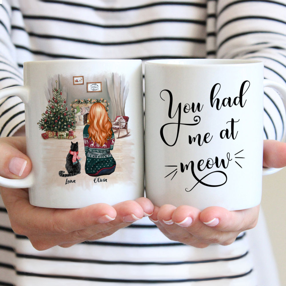 Personalized Christmas Mug - You Had Me at Meow (Girl and Cats)