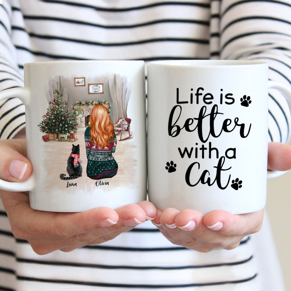 Personalized Mug - Girl and Cats Christmas - Life Is Better With A Cat